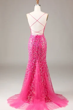 Hot Pink Sequins & Vestido de baile de sereia frisado com backless