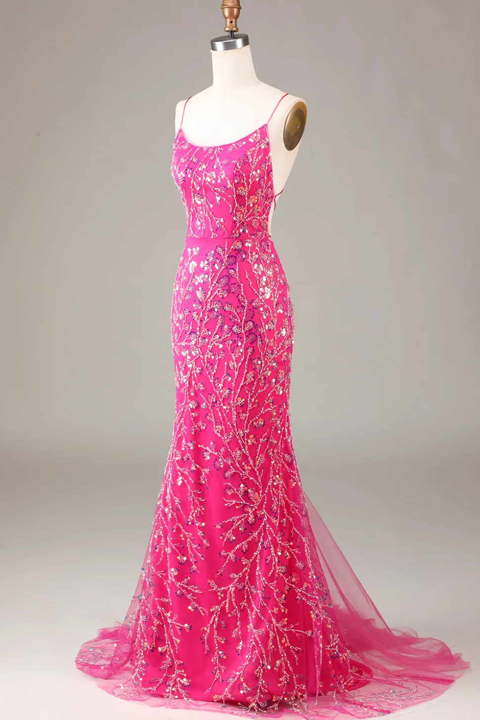 Hot Pink Sequins & Vestido de baile de sereia frisado com backless