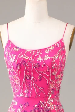 Hot Pink Sequins & Vestido de baile de sereia frisado com backless