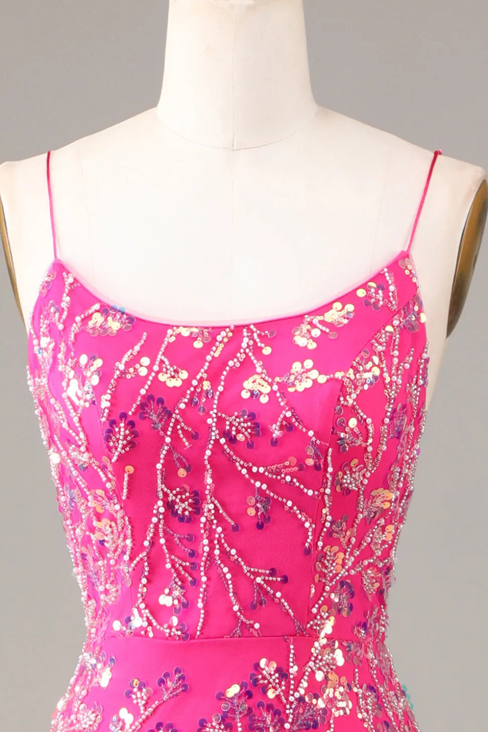 Hot Pink Sequins & Vestido de baile de sereia frisado com backless