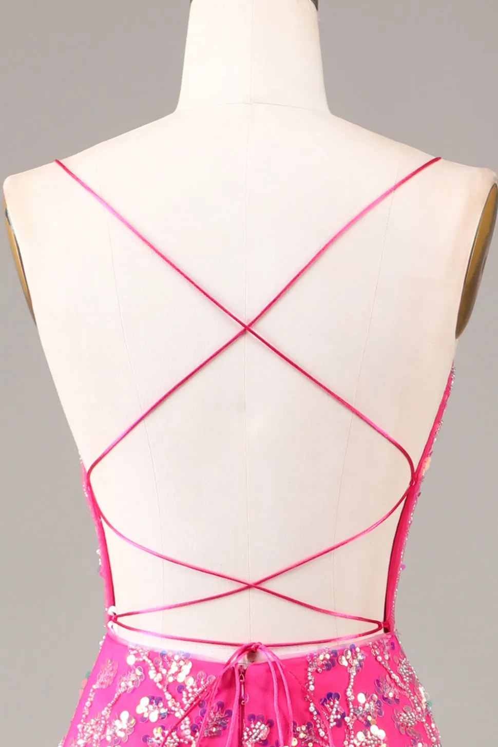 Hot Pink Sequins & Vestido de baile de sereia frisado com backless