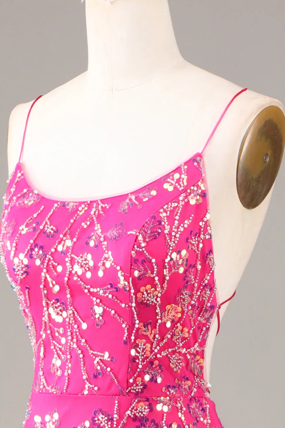 Hot Pink Sequins & Vestido de baile de sereia frisado com backless
