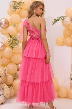 Hot Pink Um Ombro Floral Impresso Uma Linha Longo Vestido Madrinha