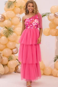 Hot Pink Um Ombro Floral Impresso Uma Linha Longo Vestido Madrinha