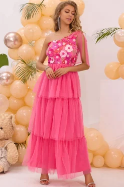 Hot Pink Um Ombro Floral Impresso Uma Linha Longo Vestido Madrinha