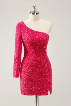 Hot Pink Um Ombro Glitter Sequins Homecoming Vestido com Fenda
