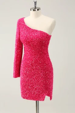 Hot Pink Um Ombro Glitter Sequins Homecoming Vestido com Fenda