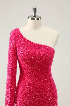 Hot Pink Um Ombro Glitter Sequins Homecoming Vestido com Fenda