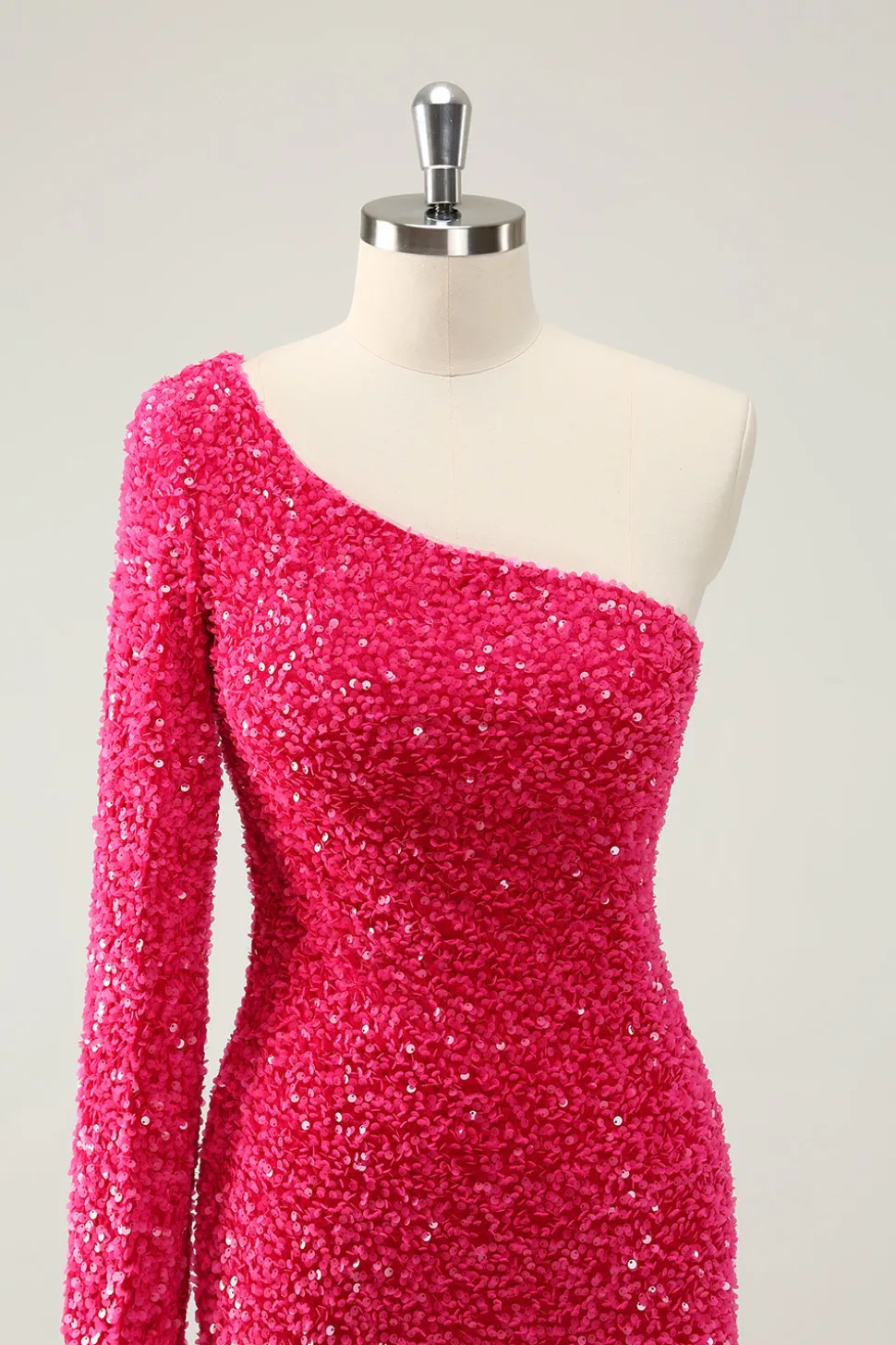 Hot Pink Um Ombro Glitter Sequins Homecoming Vestido com Fenda