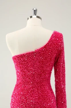 Hot Pink Um Ombro Glitter Sequins Homecoming Vestido com Fenda