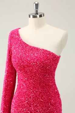 Hot Pink Um Ombro Glitter Sequins Homecoming Vestido com Fenda