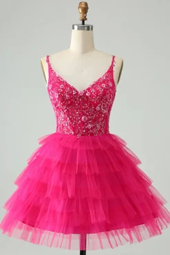 Hot Pink Uma Linha Esparguete Correias Tule Tiered Vestido Curto Homecoming