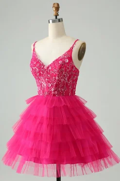 Hot Pink Uma Linha Esparguete Correias Tule Tiered Vestido Curto Homecoming