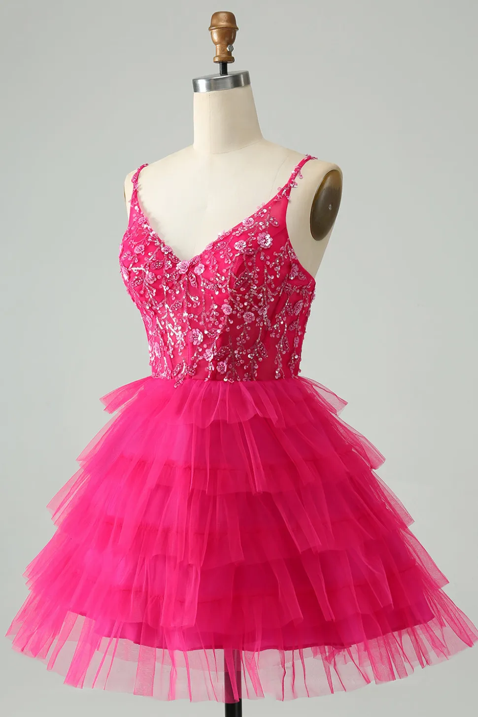 Hot Pink Uma Linha Esparguete Correias Tule Tiered Vestido Curto Homecoming