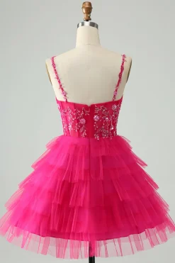 Hot Pink Uma Linha Esparguete Correias Tule Tiered Vestido Curto Homecoming