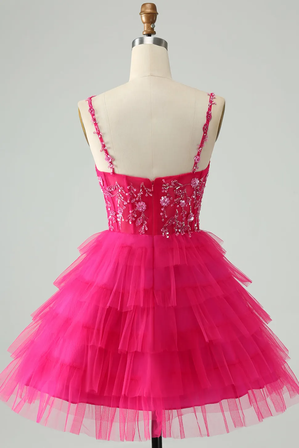 Hot Pink Uma Linha Esparguete Correias Tule Tiered Vestido Curto Homecoming