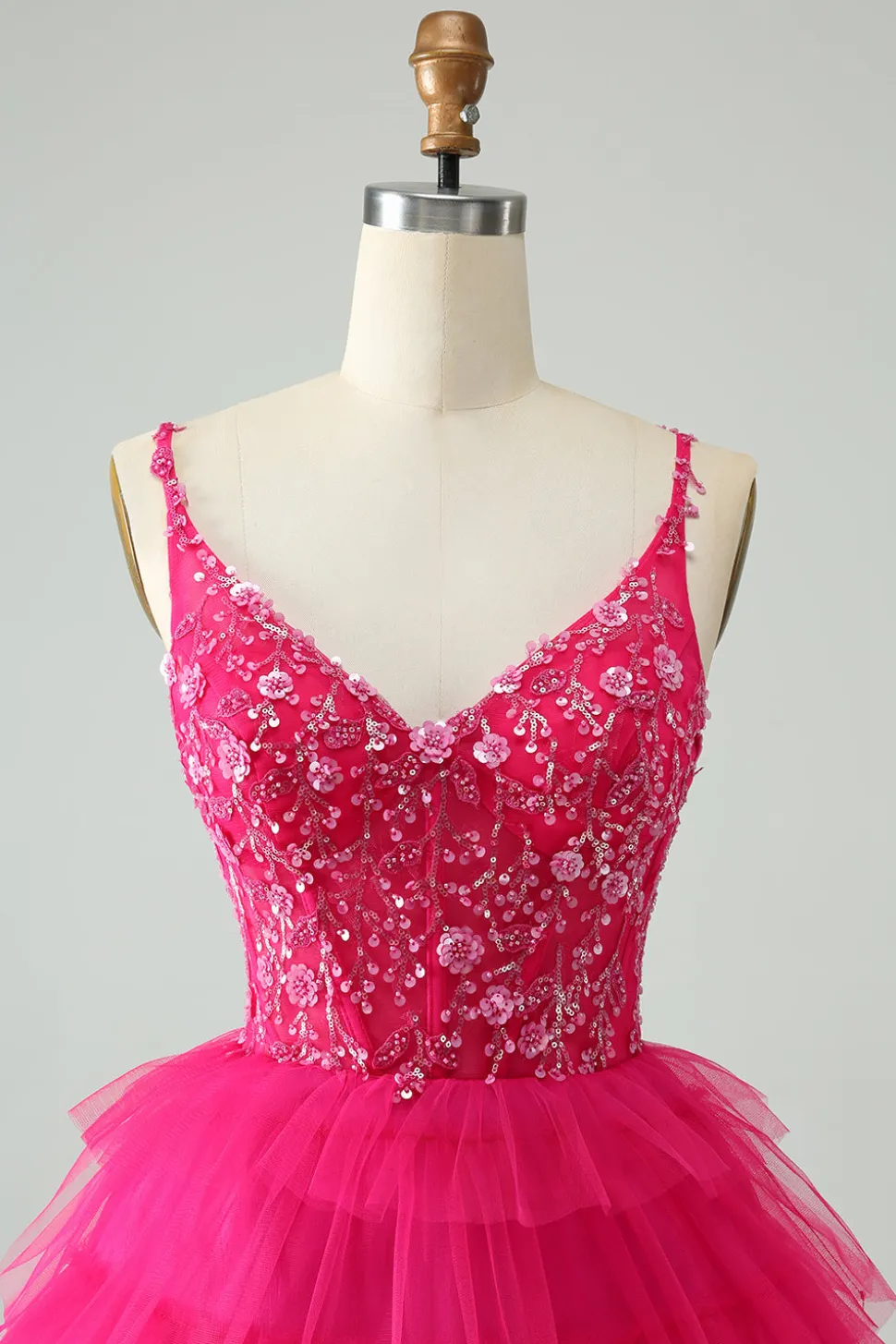 Hot Pink Uma Linha Esparguete Correias Tule Tiered Vestido Curto Homecoming