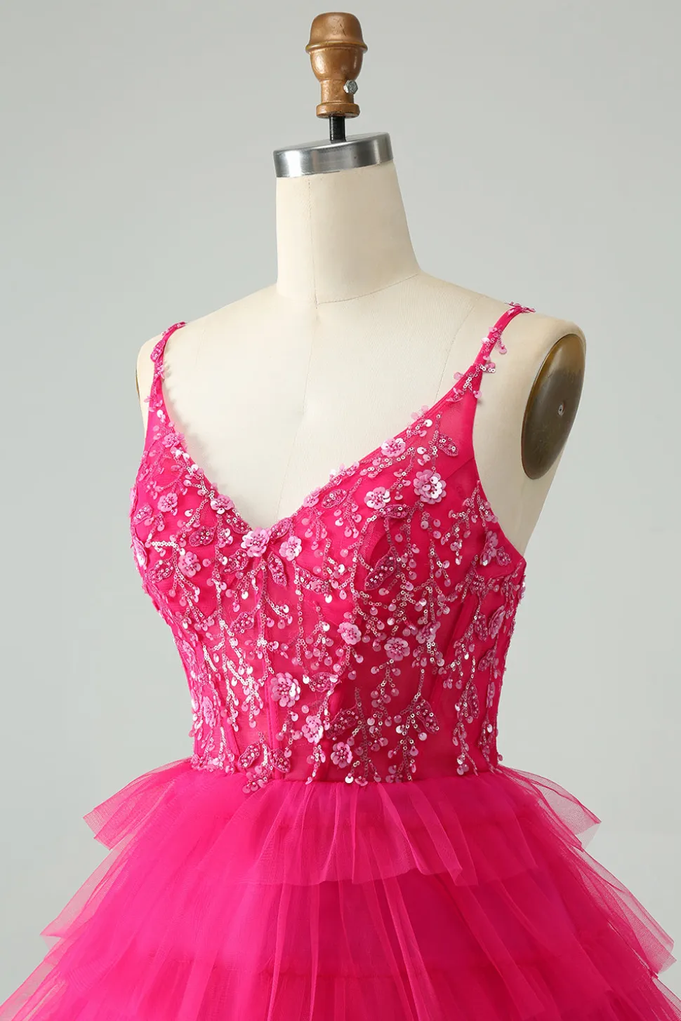 Hot Pink Uma Linha Esparguete Correias Tule Tiered Vestido Curto Homecoming