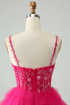 Hot Pink Uma Linha Esparguete Correias Tule Tiered Vestido Curto Homecoming