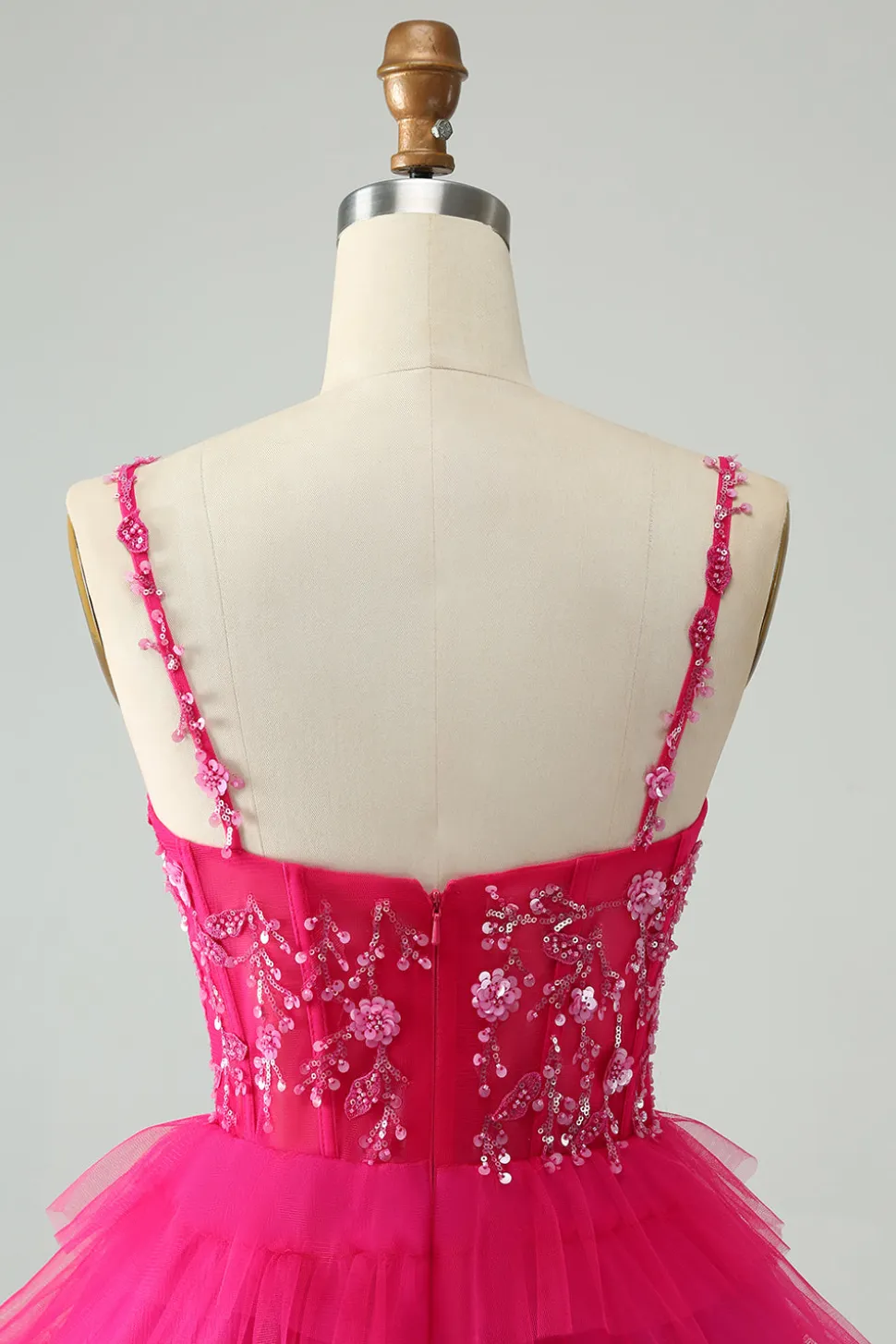 Hot Pink Uma Linha Esparguete Correias Tule Tiered Vestido Curto Homecoming