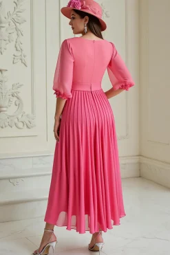 Hot Pink Uma Linha plissado Chiffon Vestido de Noiva Convidado