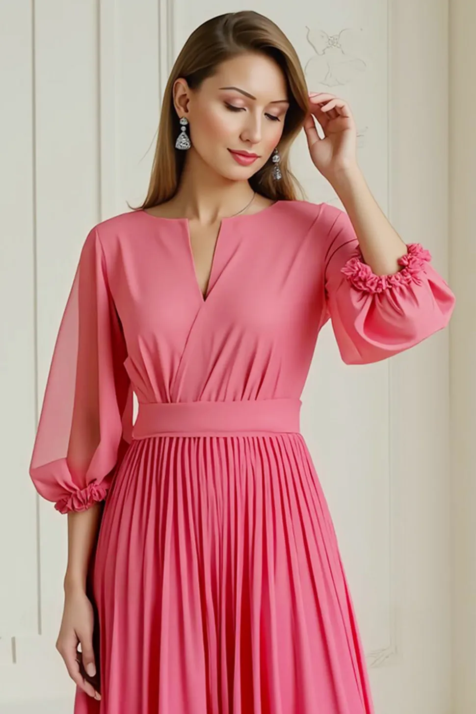 Hot Pink Uma Linha plissado Chiffon Vestido de Noiva Convidado
