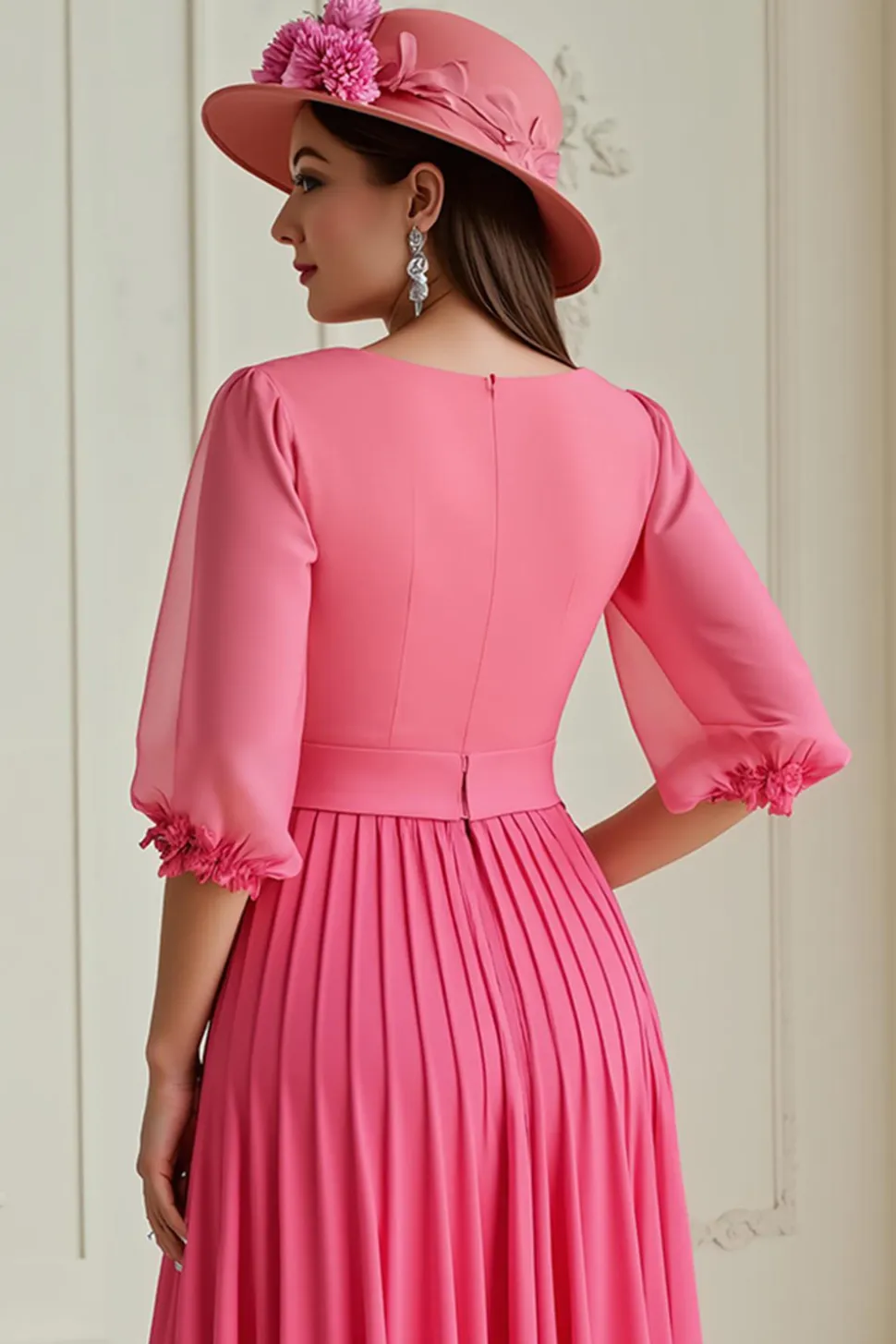 Hot Pink Uma Linha plissado Chiffon Vestido de Noiva Convidado