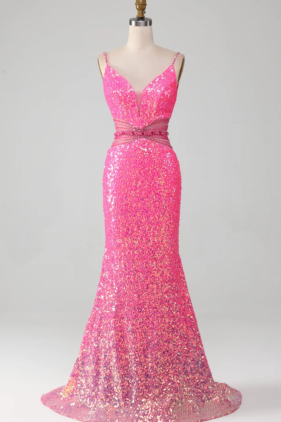 Hot Rosa Esparguete Correias Glitter Sereia Vestido de Baile com Missanga Cintura