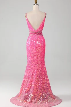Hot Rosa Esparguete Correias Glitter Sereia Vestido de Baile com Missanga Cintura