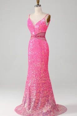Hot Rosa Esparguete Correias Glitter Sereia Vestido de Baile com Missanga Cintura