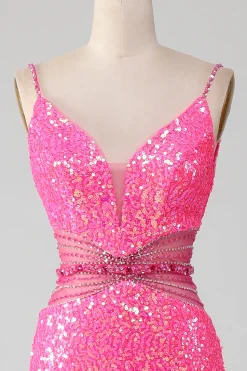 Hot Rosa Esparguete Correias Glitter Sereia Vestido de Baile com Missanga Cintura