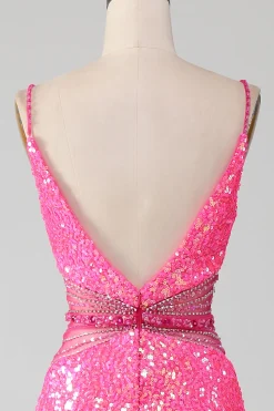 Hot Rosa Esparguete Correias Glitter Sereia Vestido de Baile com Missanga Cintura