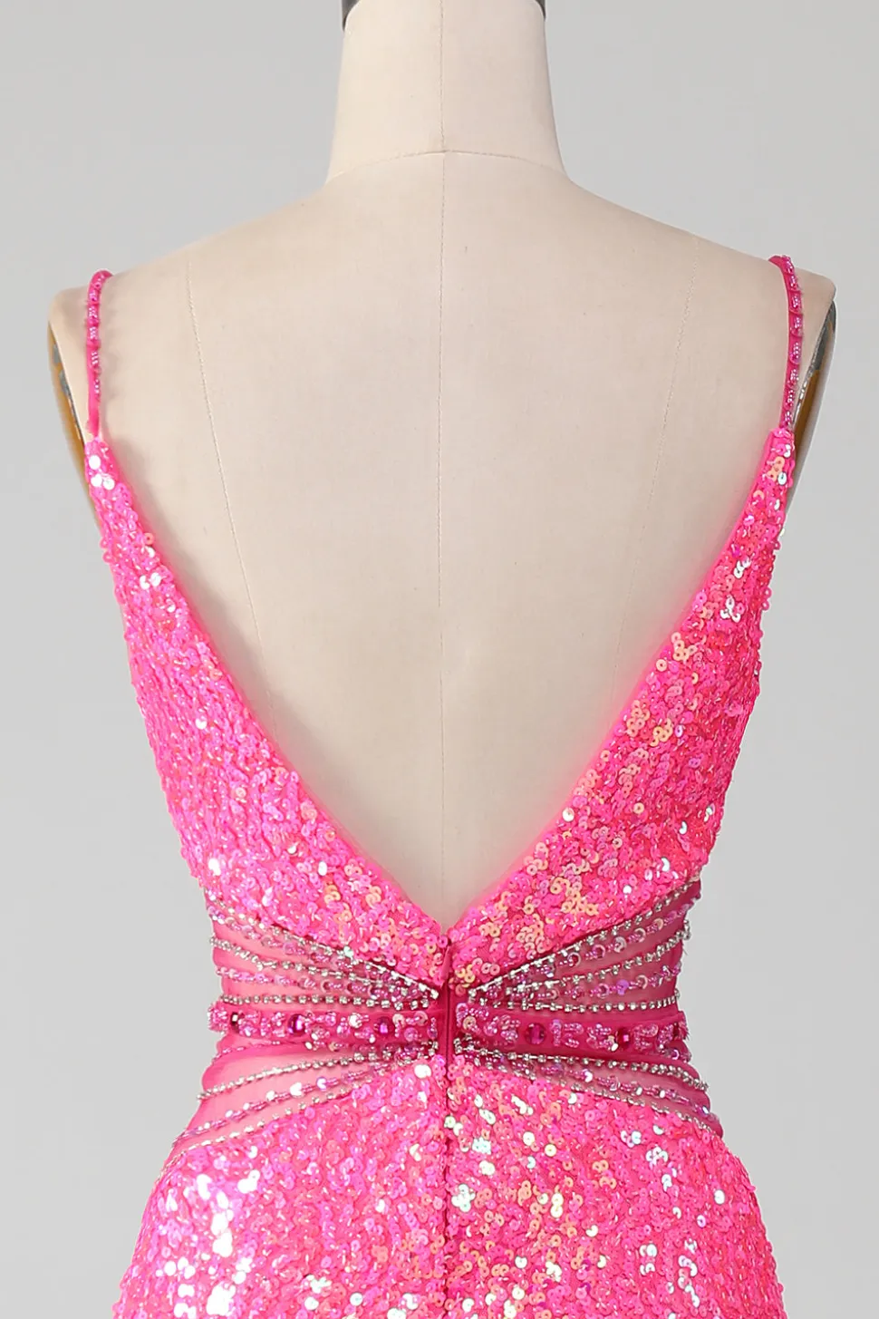 Hot Rosa Esparguete Correias Glitter Sereia Vestido de Baile com Missanga Cintura
