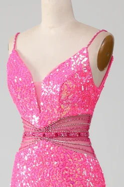 Hot Rosa Esparguete Correias Glitter Sereia Vestido de Baile com Missanga Cintura