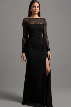 Ilusão Pescoço Bainha Preta Mangas Longas Vestido Formal com Fenda