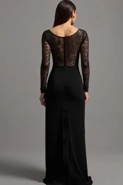 Ilusão Pescoço Bainha Preta Mangas Longas Vestido Formal com Fenda