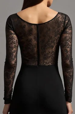Ilusão Pescoço Bainha Preta Mangas Longas Vestido Formal com Fenda