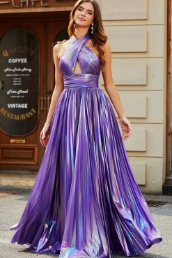 Impressionante uma linha Halter pescoço roxo longo vestido de baile com Keyhole Split Front