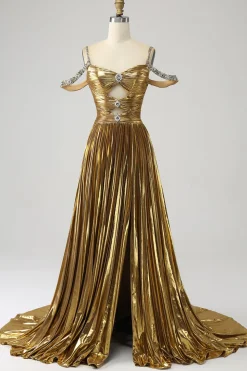 Impressionante uma linha fora do ombro dourado vestido longo baile de formatura com buraco de fechadura