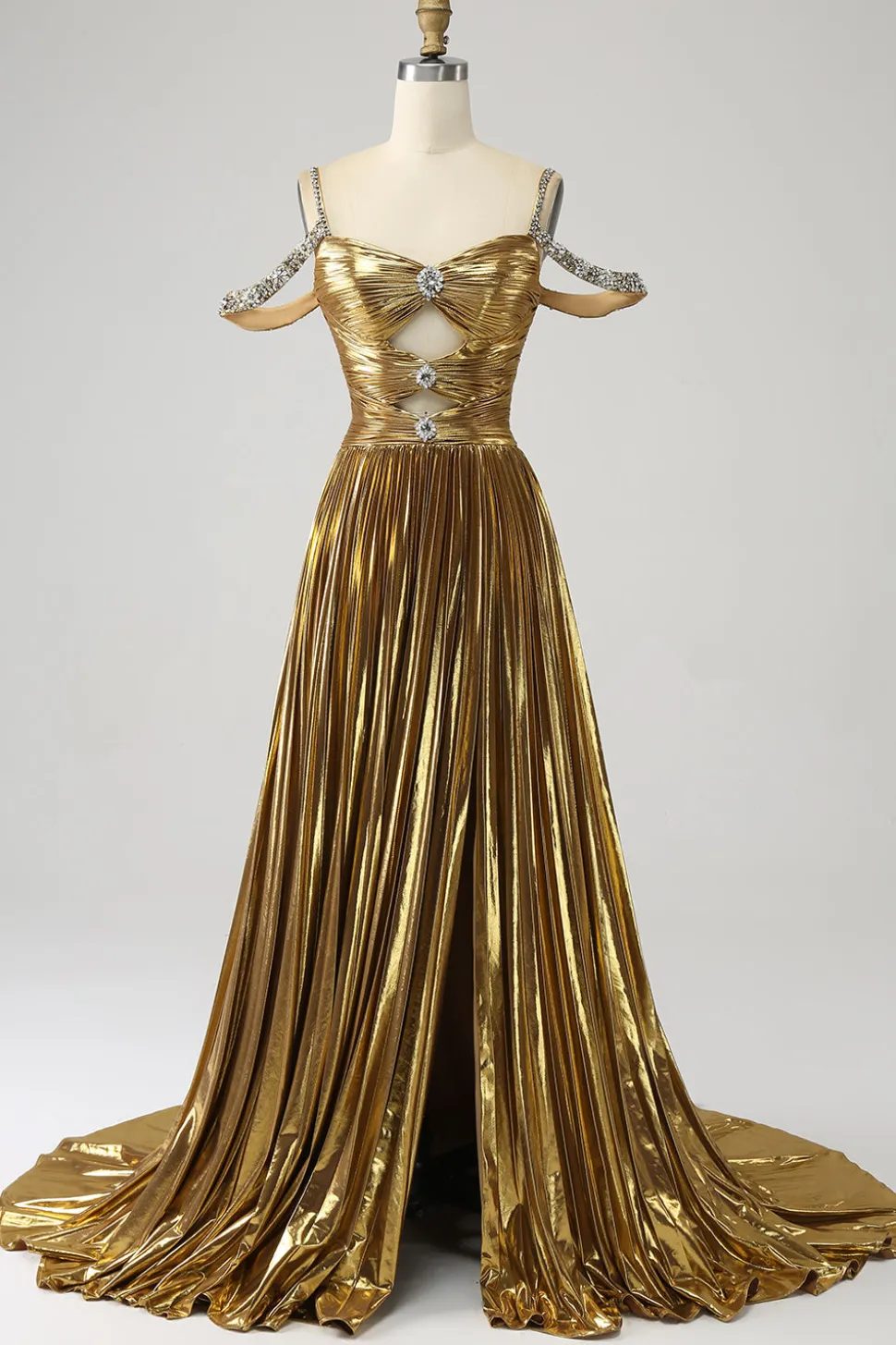 Impressionante uma linha fora do ombro dourado vestido longo baile de formatura com buraco de fechadura