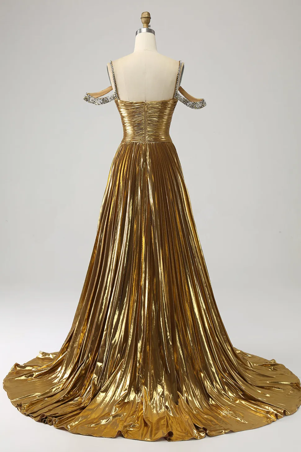 Impressionante uma linha fora do ombro dourado vestido longo baile de formatura com buraco de fechadura