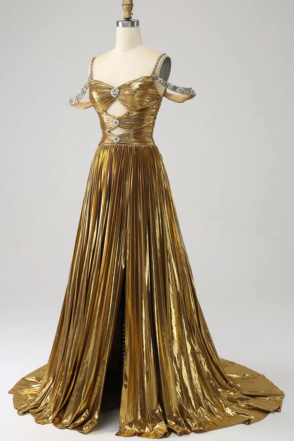 Impressionante uma linha fora do ombro dourado vestido longo baile de formatura com buraco de fechadura