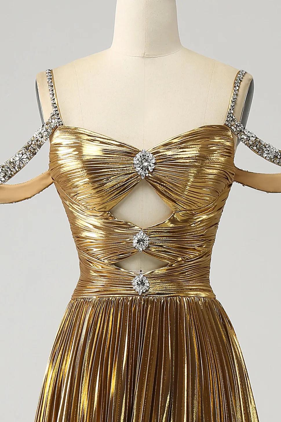 Impressionante uma linha fora do ombro dourado vestido longo baile de formatura com buraco de fechadura
