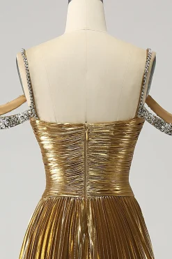 Impressionante uma linha fora do ombro dourado vestido longo baile de formatura com buraco de fechadura