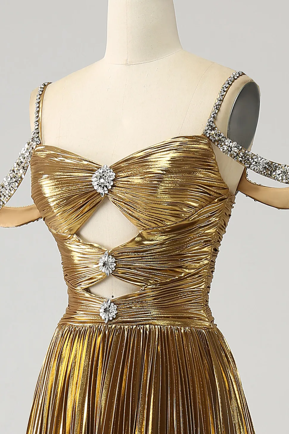 Impressionante uma linha fora do ombro dourado vestido longo baile de formatura com buraco de fechadura