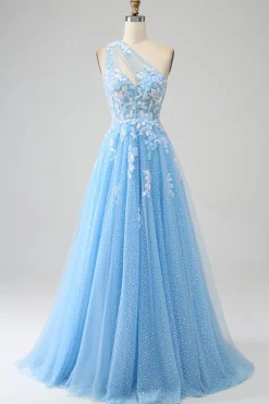 Impressionante uma linha de um ombro azul claro longo vestido de baile de tule com apliques
