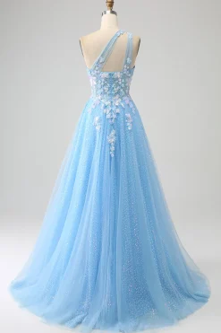 Impressionante uma linha de um ombro azul claro longo vestido de baile de tule com apliques