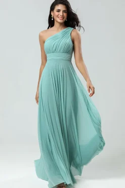 Impressionante uma linha de um ombro de vidro do mar vestido longo da dama de honra com Ruched