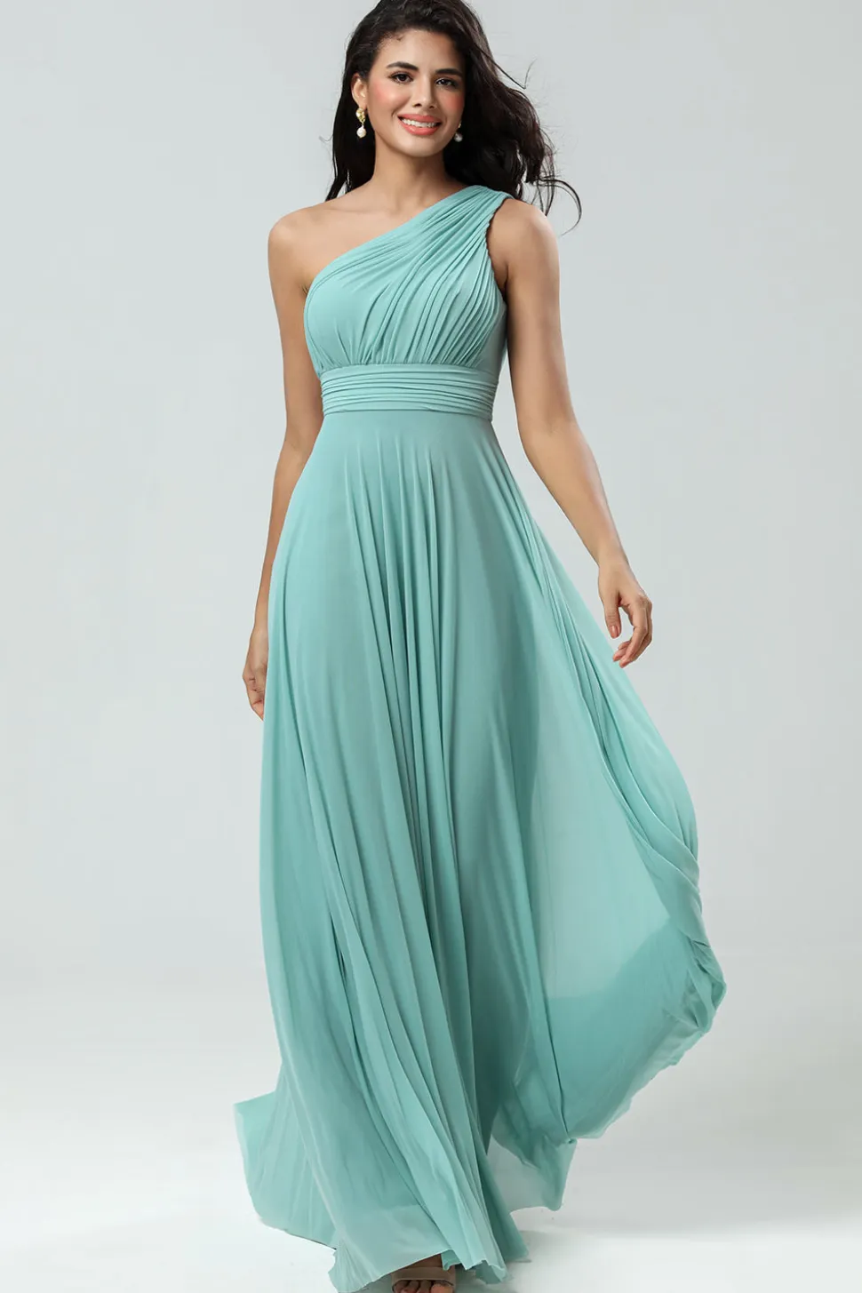 Impressionante uma linha de um ombro de vidro do mar vestido longo da dama de honra com Ruched
