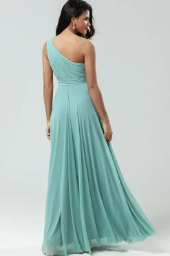 Impressionante uma linha de um ombro de vidro do mar vestido longo da dama de honra com Ruched
